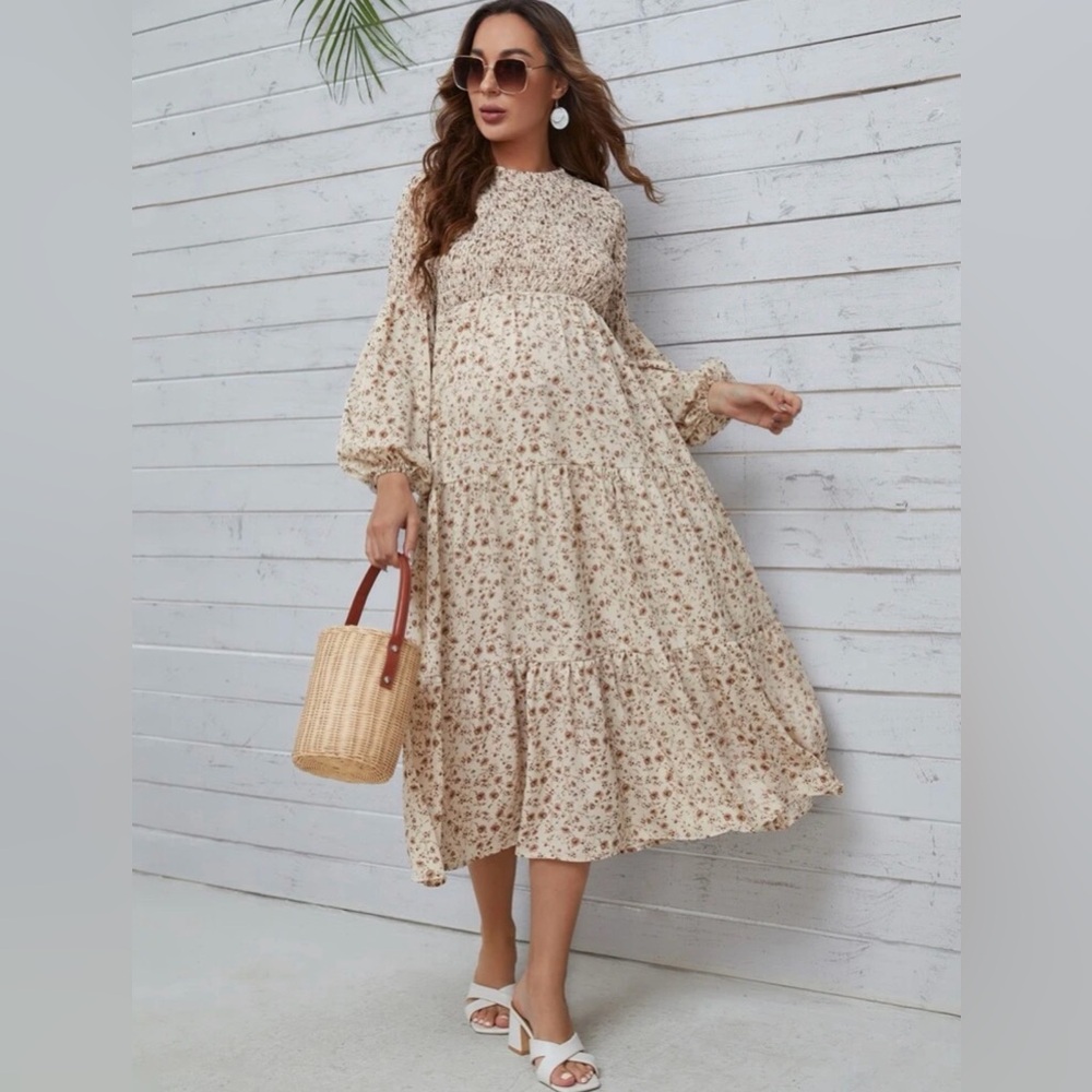 Maternity Floral Smocked Midi Dress in Cream